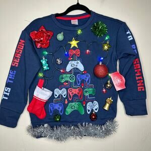Ugly Christmas Sweater Gaming LIGHTS UP Tinsel Xmas Party Winner Kids Sz Medium